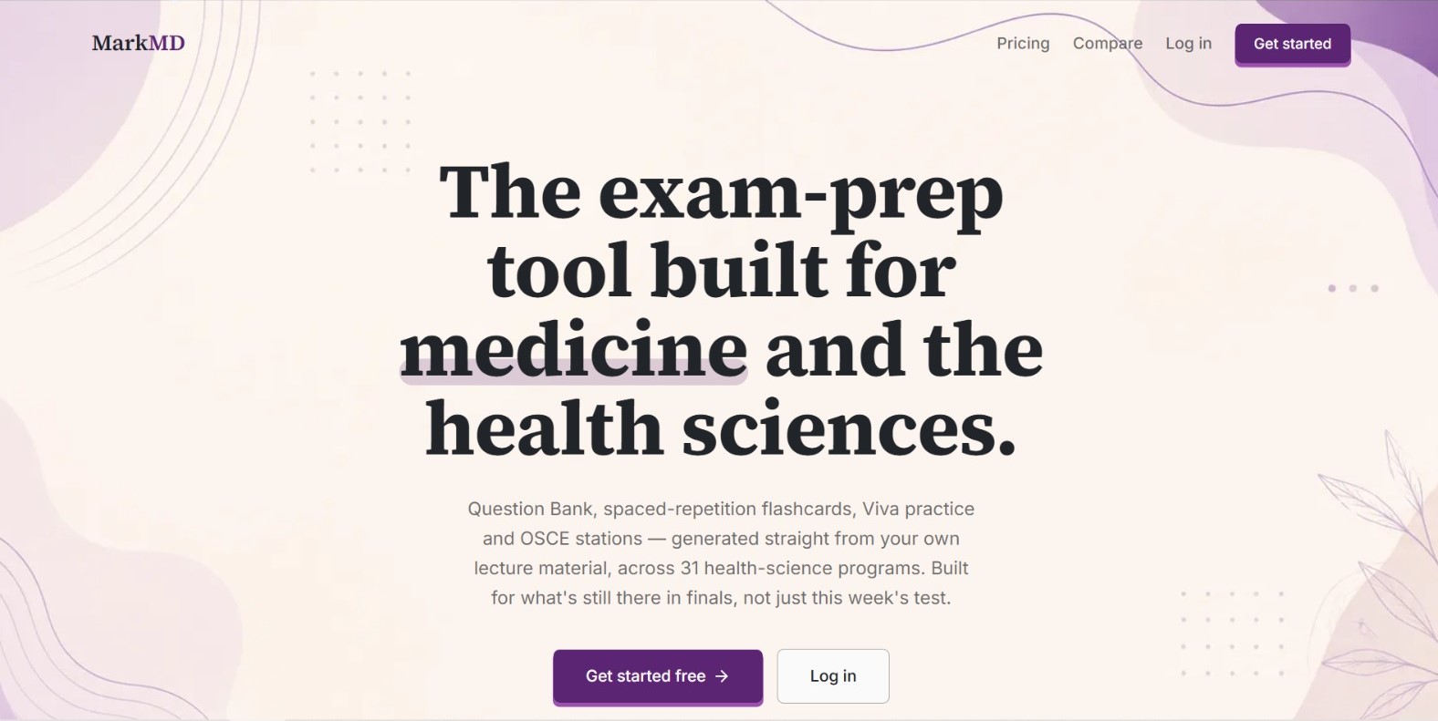 MarkMD landing page reading 'The exam-prep tool built for medicine and the health sciences,' describing Question Bank, spaced-repetition flashcards, Viva practice, and OSCE stations across 31 health-science programs.